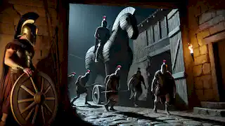 Los guerreros griegos emergen del caballo de madera en Troya bajo la luz de la luna, preparándose en silencio para abrir las puertas de la ciudad.