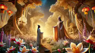 Yú Huáng se encuentra frente a la Reina Madre del Oeste en un jardín celestial resplandeciente, aceptando pruebas divinas.
