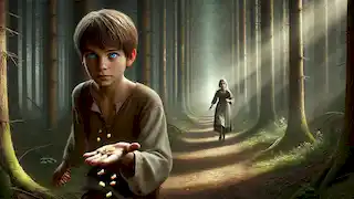 Hansel dejando migas de pan en el bosque.
