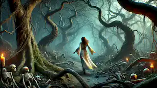 Aletheia camina con confianza a través del inquietante Bosque de Sombras, rodeada de árboles retorcidos y niebla.