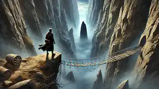 Arash se enfrenta a una figura sombría al otro lado de un abismo, con un frágil puente de cuerdas balanceándose al viento entre ellos.