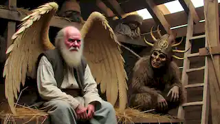 El anciano con alas se sienta en silencio en el gallinero, mientras los aldeanos se concentran en la mujer tarántula nearby.