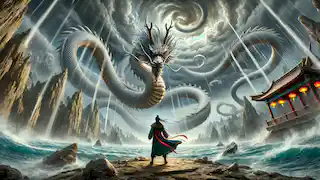 Liang enfrenta la prueba del Dragón del Viento, manteniéndose firme en medio de una tempestad mientras el dragón se enrosca entre los cielos tormentosos.