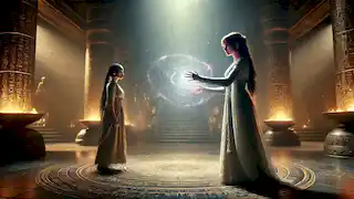 Issy utiliza magia para recomponer el cuerpo de Oz en un templo tenuemente iluminado, con Nephy ayudándola.
