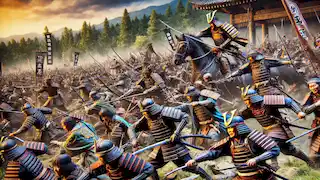 Batalla de Kurikara con guerreros samuráis en feroz combate.