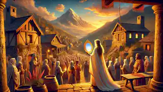 Aletheia regresa a su aldea, sosteniendo el resplandeciente Espejo de la Verdad mientras los aldeanos la miran con asombro.
