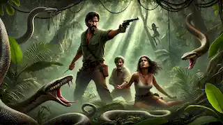 Vargas tiene a la doctora Elena y a Diego a punta de pistola cerca de un pozo oculto en la jungla, lleno de serpientes venenosas.