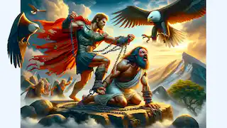 Heracles rompiendo las cadenas de Prometeo, con un águila volando en el fondo.