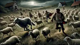 Um lobo ataca as ovelhas enquanto Pedro corre em direção à aldeia, apavorado e gritando por ajuda.
