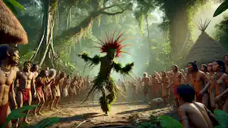 Jurupari danza con el pueblo Tupi durante un festival sagrado, cautivando a los aldeanos con su presencia mística.
