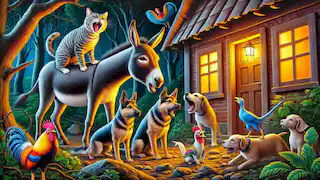 Animales apilados uno sobre otro frente a una casa, haciendo ruido para ahuyentar a los ladrones. Un bosque oscuro con una casa iluminada cálidamente.