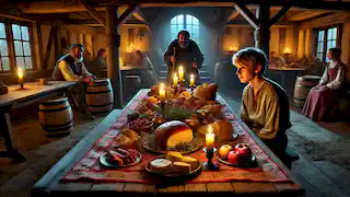 Hans en una posada medieval, maravillándose ante el mantel mágico cubierto de diversas comidas deliciosas.