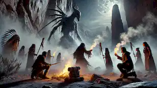 En un cañón por la noche, Leona y los guerreros se enfrentan al Skinwalker, sus armas bendecidas brillando mientras el humo llena el aire.
