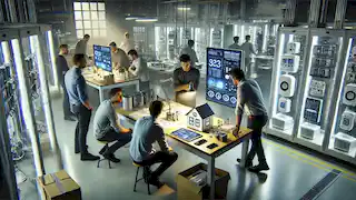 Alex y su equipo de ingenieros están trabajando en el sistema HomeEase en una moderna instalación de pruebas, colaborando en los últimos detalles.