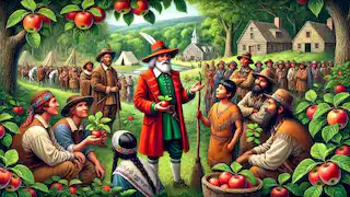 Johnny Appleseed interactuando con los colonos y los nativos americanos, compartiendo historias y plantones de manzano.