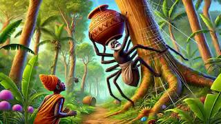 Anansi luchando por trepar el árbol con la olla atada a su pecho, mientras su hijo Ntikuma observa desde abajo.