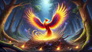 El Fénix renacido surge de las cenizas, con las alas extendidas en un brillante despliegue de energía radiante y color.
