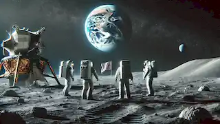 Cuatro amigos están de pie en la superficie de la Luna, junto a una bandera plantada, contemplando la Tierra en el cielo distante.