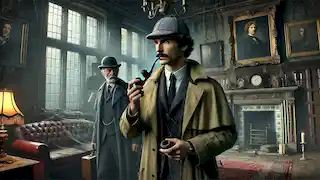 Sherlock Holmes, el Dr. Watson y el inspector Lestrade están buscando en una mansión abandonada.