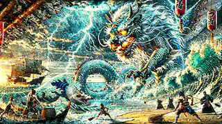 El Shisa se enfrenta a un gigantesco dragón marino en la orilla, mientras los aldeanos permanecen unidos en el fondo.