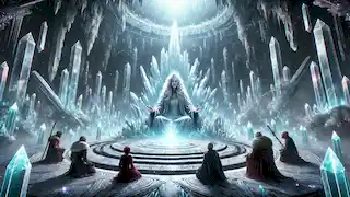 Heróis ajoelhados diante da Oráculo de Lyris em um santuário de cristal brilhante, escondido nas profundezas das montanhas nevadas.