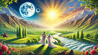 Arash y Aylin están de pie en un valle persa bañado por el sol, con el Sol y la Luna bendiciéndolos desde lo alto.