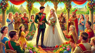 Un soldado y la princesa mayor se casan en un jardín vibrante, rodeados de invitados sonrientes y flores coloridas.