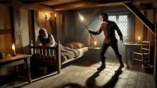 Hans ordena al bastón mágico que detenga al posadero en la penumbra de la habitación de la posada.