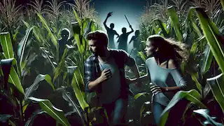 Una pareja corre a través de un denso campo de maíz por la noche, perseguidos por sombras de niños que empuñan herramientas afiladas.