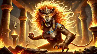 Hathor en su feroz forma de leona como Sekhmet, rodeada de llamas, en una postura de combate.