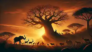 Ein friedlicher Sonnenuntergang mit dem Baobab-Baum als Silhouette. Tiere und Menschen versammeln sich darunter in stiller Besinnung.