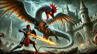 Sir Edmund affronte la Cockatrice dans une bataille finale illuminée par des éclairs, brandissant la Lame de Dracona qui scintille.
