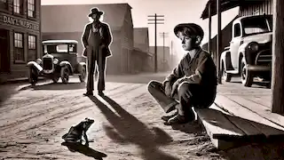 Jim Smiley se encuentra solo, luciendo decepcionado mientras el sol se pone, y su rana, Dan’l Webster, permanece inmóvil en el suelo.