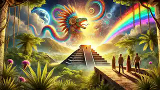 El mural de Quetzalcóatl en antiguas pirámides, rodeadas por la jungla, muestra figuras modernas contemplando con asombro bajo un cielo dorado.