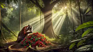 El Sang Kancil disfruta de una abundante variedad de frutas bajo un árbol alto, saboreando su momento de tranquilidad en el bosque.