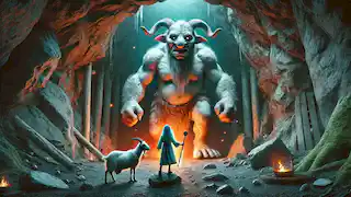 Tatterhood, sin miedo, se enfrenta a un enorme troll en la entrada de la cueva, sosteniendo su cuchara de madera mientras monta su cabra.