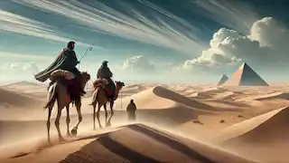 Santiago y el Alquimista montan camellos a través del vasto desierto, donde las ondulantes dunas de arena se extienden hasta el horizonte.