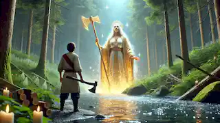 El guardián del río emerge del agua sosteniendo un hacha dorada, mientras el leñador observa asombrado la escena.