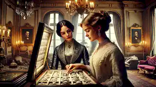 Matilda choisit avec enthousiasme un collier en diamant dans l'élégante collection de bijoux de son amie Mme Forestier.