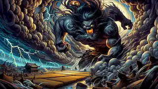Susanoo irrumpe en los campos de arroz y en el palacio, rodeado de nubes tempestuosas y relámpagos, mientras la destrucción avanza a su paso.