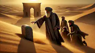 Un visir y sus hombres descubriendo una llave oculta cerca de un antiguo monumento de piedra en el desierto al atardecer.