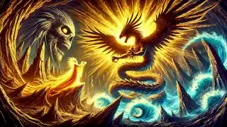 Quetzalcóatl se enfrenta a Tezcatlipoca en el inframundo, mientras Xochiquetzal observa desde un segundo plano, iluminada por una luz resplandeciente.