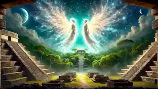 Hunahpú y Xbalanqué ascienden como brillantes estrellas sobre la jungla maya.