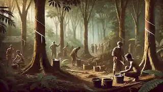 Los trabajadores indígenas recolectan látex de los árboles de caucho bajo condiciones difíciles en la densa selva amazónica.