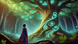 El Árbol Hablante, con patrones brillantes en su tronco, mientras una joven persa mira hacia arriba con asombro en el bosque mágico.