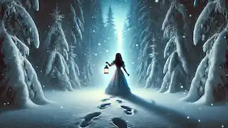 Clara folgt den Fußstapfen in einem verschneiten Wald, ihre Laterne erhellt den Weg unter dem fallenden Schnee und den schattigen Bäumen.