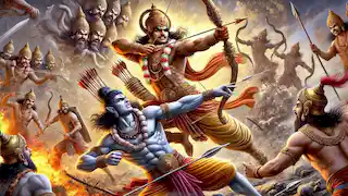 Rama, armado con armas divinas, derrota a Ravana en una feroz batalla.