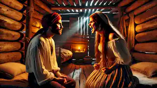 Melisa confronta a su infiel esposo Ramón en su casa de pueblo, rústica y mal iluminada.