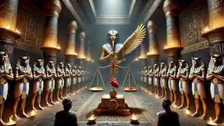 El dios Osiris supervisa la pesada de un corazón en comparación con la pluma de Ma'at en el Salón del Juicio.