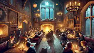 Un acogedor salón común con estudiantes leyendo, jugando al ajedrez y candelabros flotantes que emiten una suave luz.